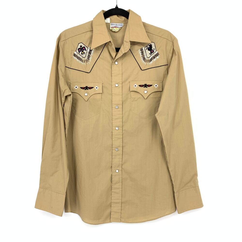 VTG Rocking K Ranchwear Kennington Western Shirt Mens M Tan Beaded Snap Button